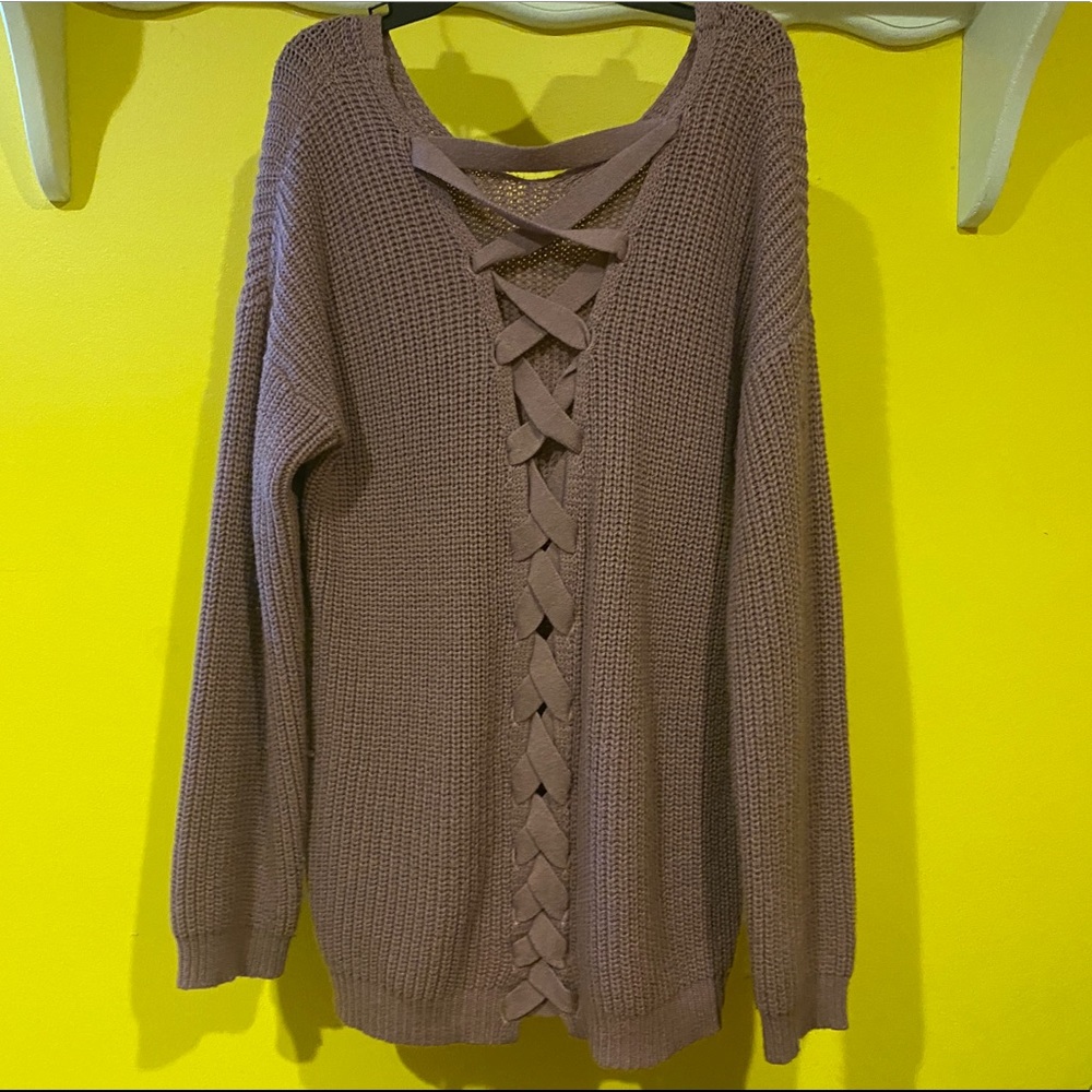 purple sweater with lace tie back